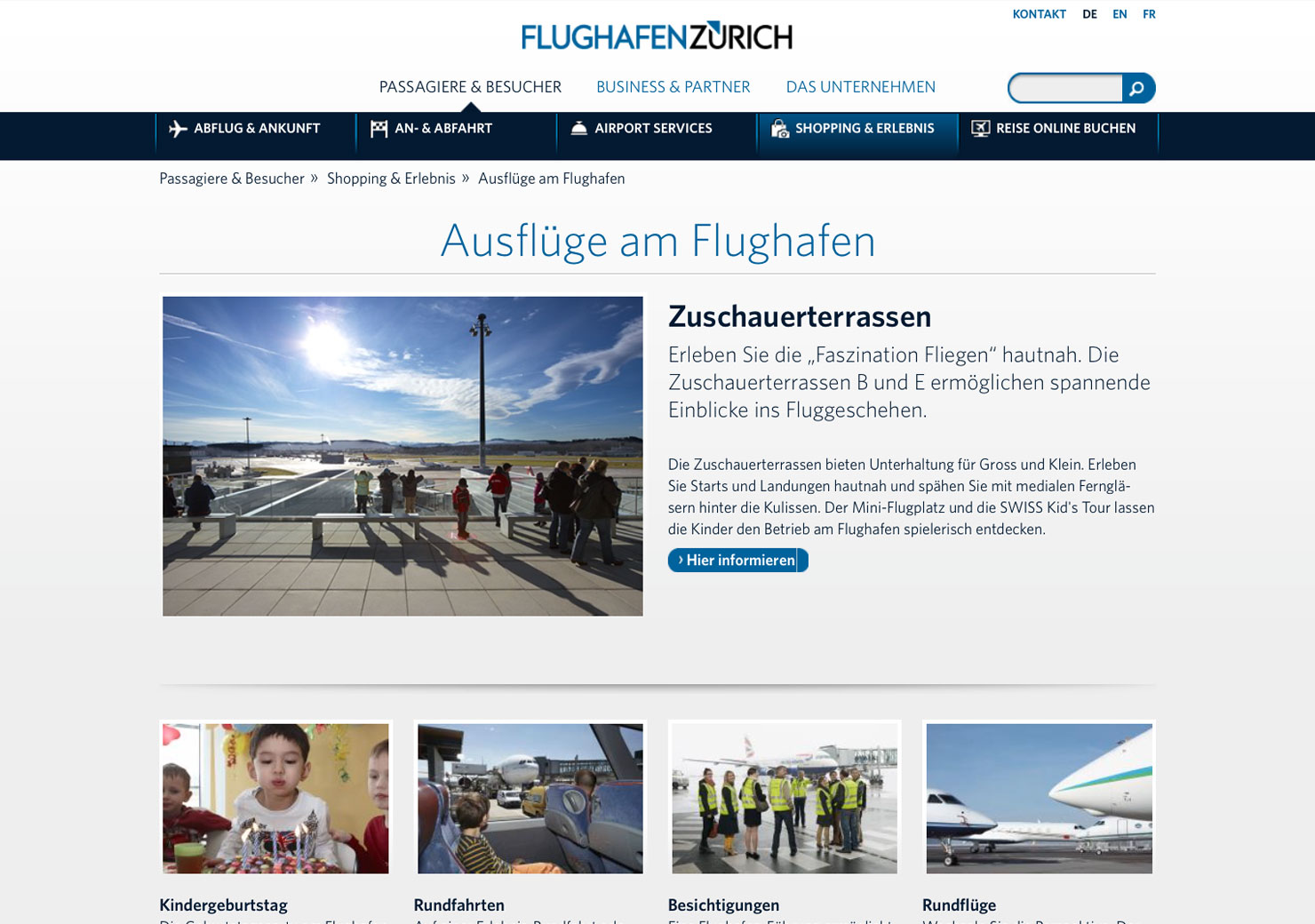 Übersichtsseite Flughafen Zürich Website slide 2