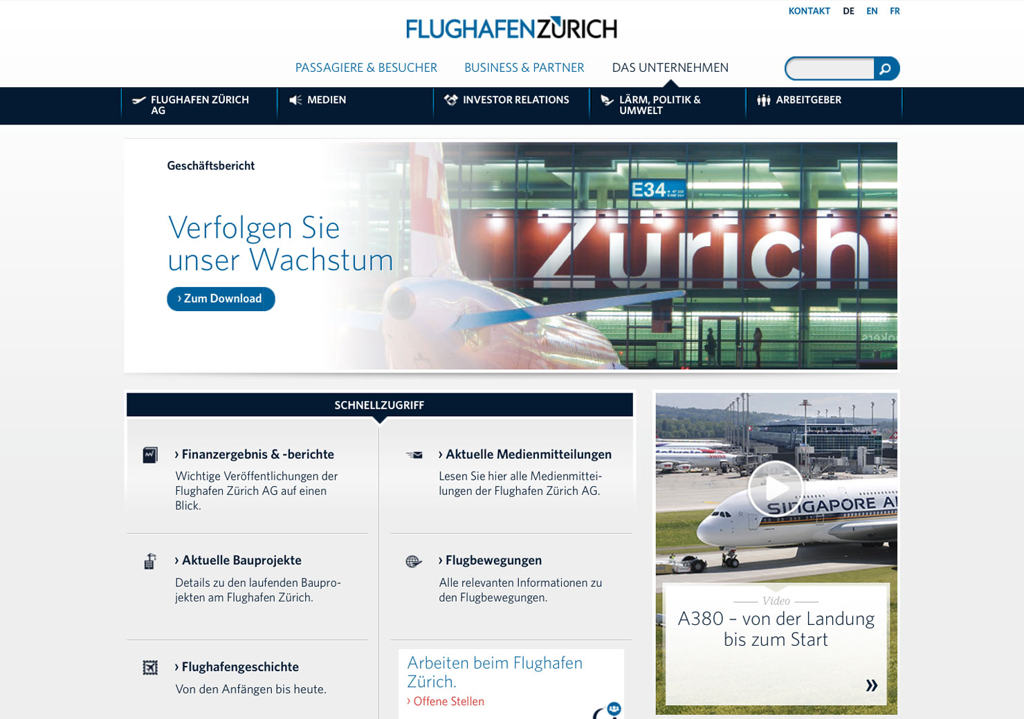 Übersichtsseite Flughafen Zürich Website slide 3